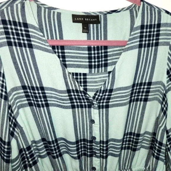 Lane Bryant Peplum Top Plaid Aqua & Black Soft Button Detail - Picture 3 of 10